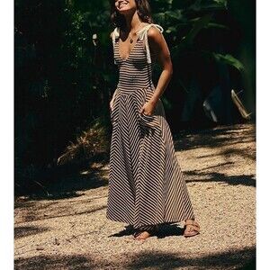 Free People Free-Est Cecelia Midi Dress Striped Printed Smocked Cotton XL 286930